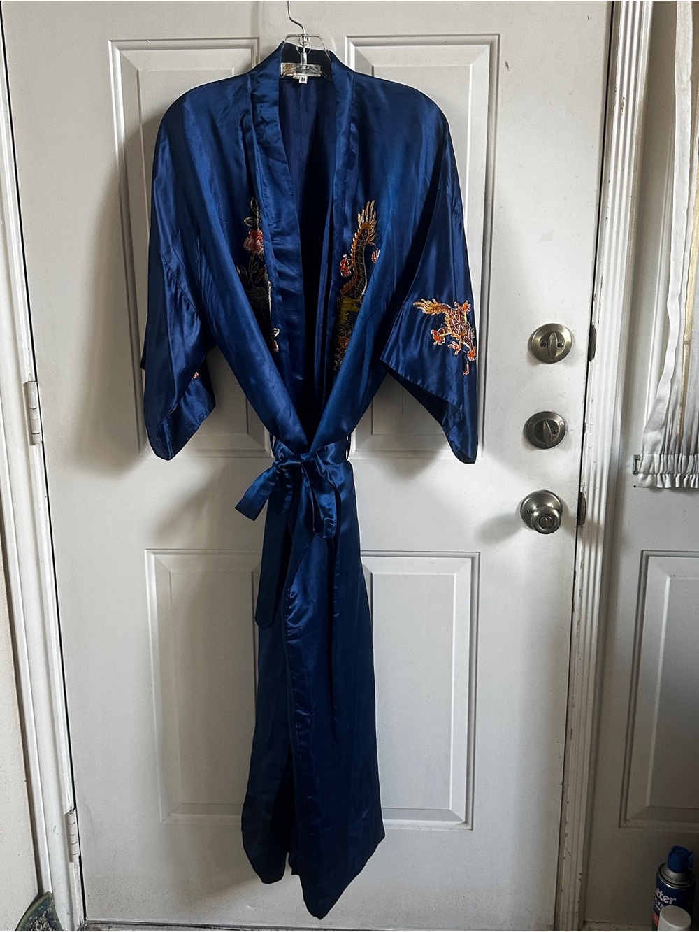 Embroidered Royal Blue Silk Robe - Picture 13 of 15